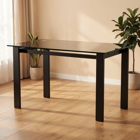 dining table with metal legs and a flat surface