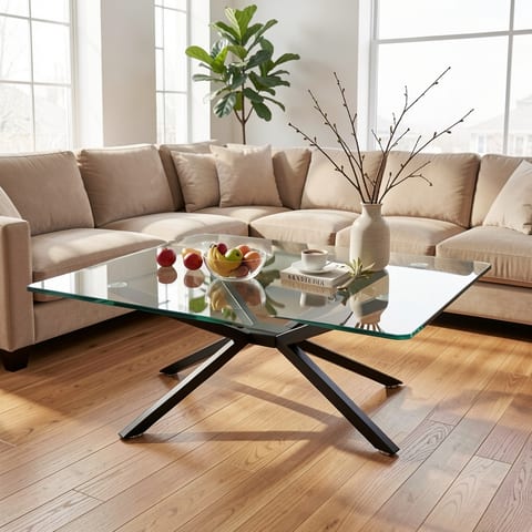 Rectangular glass coffee table with black metal legs on a beige rug in front of a white couch.