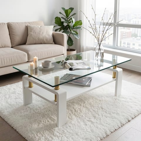 A glass-topped coffee table with a white base and gold accents, set in a living room with a brown couch and gray rug.