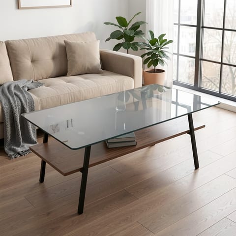 Gray glass and wood coffee table with black metal legs