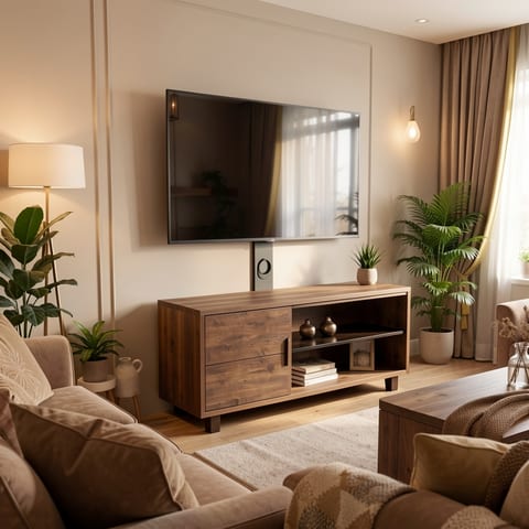 Rustic brown TV console with push-to-open storage cabinet in a living room
