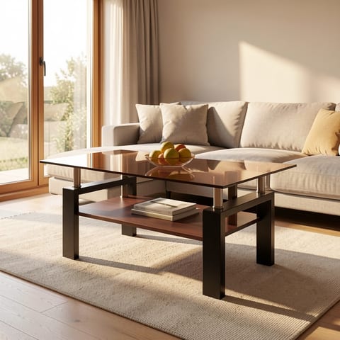 Brown glass coffee table with black metal legs and wooden shelf