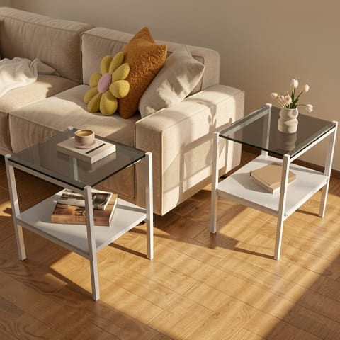 Gray glass and white metal side table with two tiers