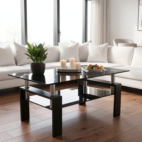 Black glass coffee table with lower shelf