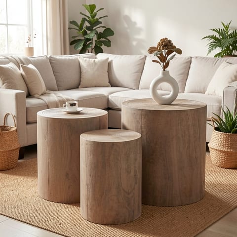 Set of three rustic wooden end tables with rounded tops