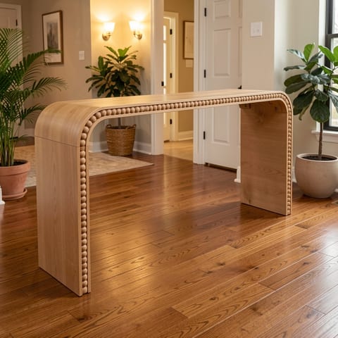 Light wood console table with beaded trim in a bright entryway