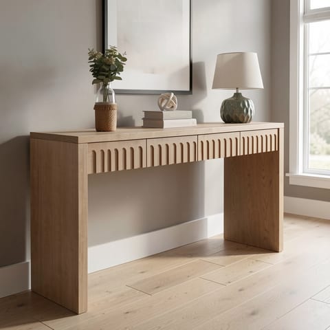 Light wood console table with 4 drawers and grooved front panel