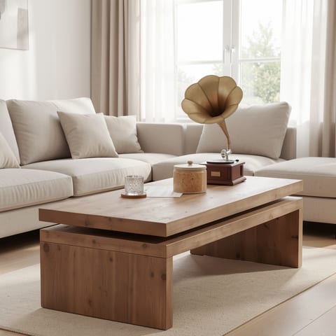 A rustic wooden coffee table with a floating top design in a living room setting.