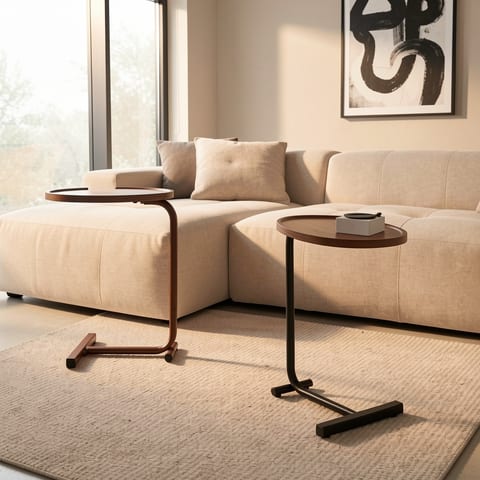 Brown C-shaped side table with black metal base and wooden top