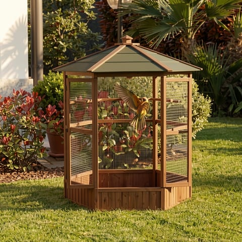 Wooden hexagonal outdoor aviary flight bird cage with covered roof