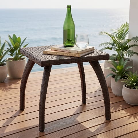 Brown woven side table with four legs on a white background