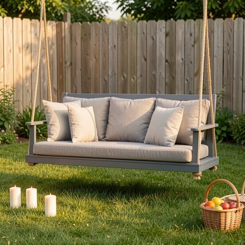 Gray wooden swing chair with white cushion and pillows on a porch