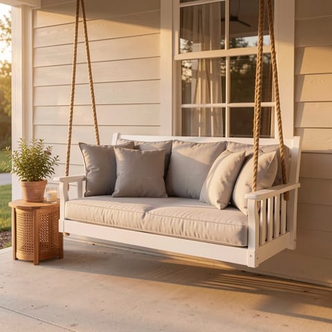 Patio swing chair with gray cushions and pillows on a white frame with beige ropes