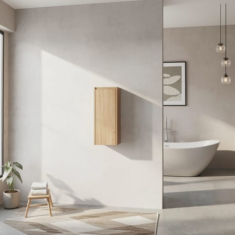 Light brown wooden bathroom side cabinet with soft close doors mounted on a gray wall