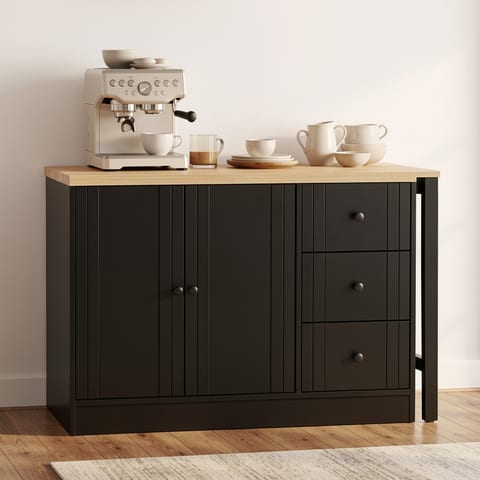 Black wooden sideboard with light wood top and extendable table