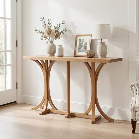 Blue console table with curved legs and oak veneer top in a stylish entryway