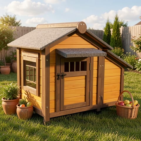 A white dog sitting comfortably inside a cozy wooden dog house with a brown frame and gray roof, surrounded by potted plants.