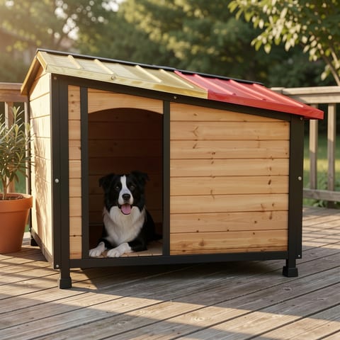 Large dog house with black frame and light wood paneling, dog inside