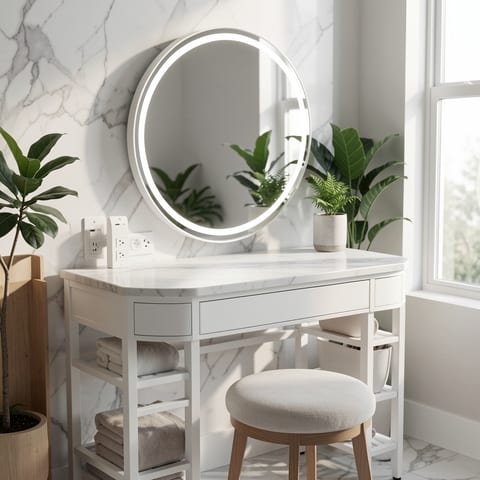 A close-up of the power outlet and USB ports on a white vanity table.