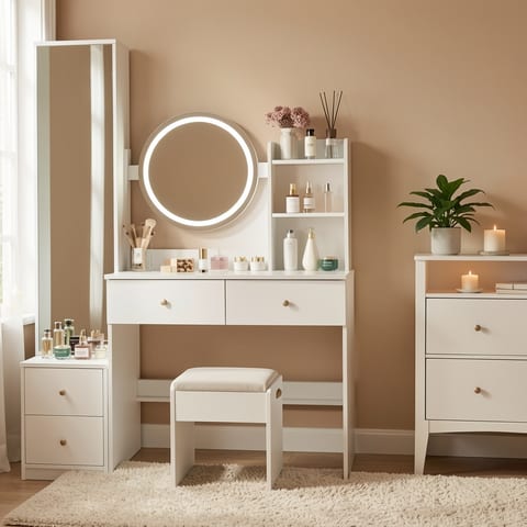 LED-lit round mirror on a white vanity with stool and makeup