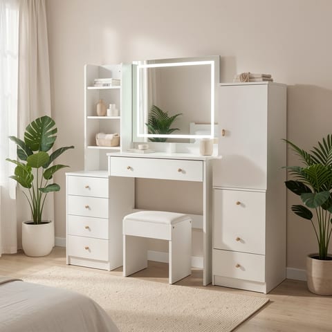Large white vanity table with LED mirror and stool