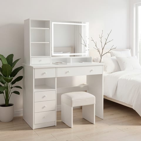 Large white vanity table with LED mirror and stool