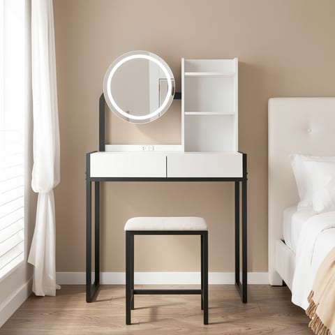 A white vanity desk with black metal frame, LED mirror, drawers, shelves and stool
