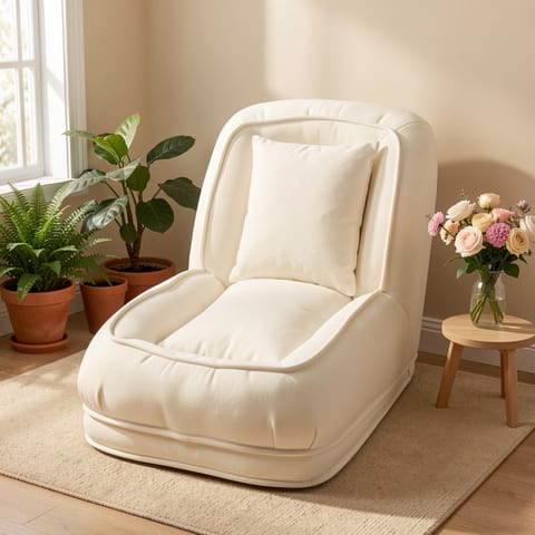 A white upholstered human dog bed with two soft pillows