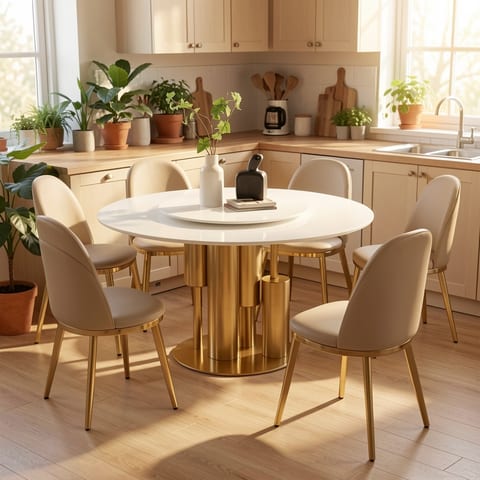 Beige dining chairs with gold metal legs on a gray rug