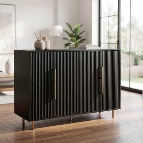 Black modern buffet cabinet with storage and fluted sideboard