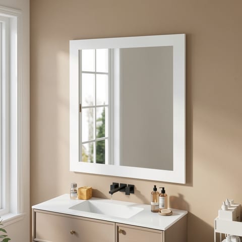 A large square white framed mirror hanging on a bathroom wall above a sink.