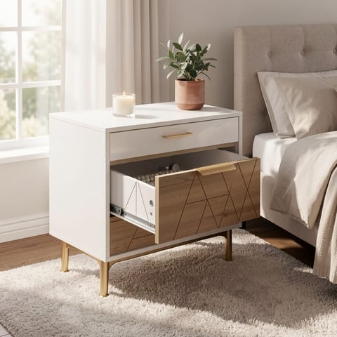 Mid-century modern nightstand with 3 drawers and gold metal feet