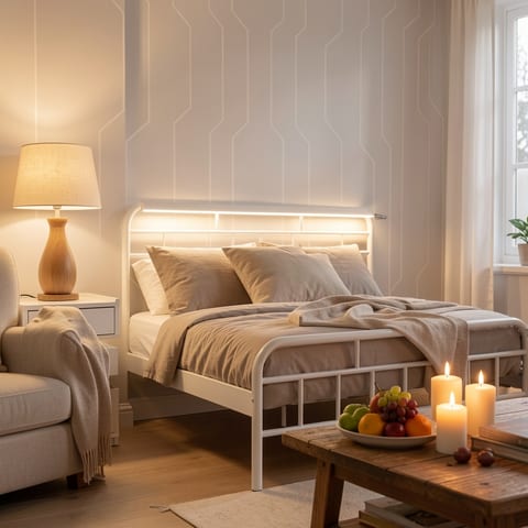 A white nightstand with adjustable LED strip light and two drawers beside a bed