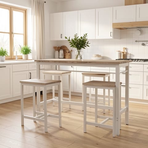 Gray wood grain table top with white metal frame and four matching stools