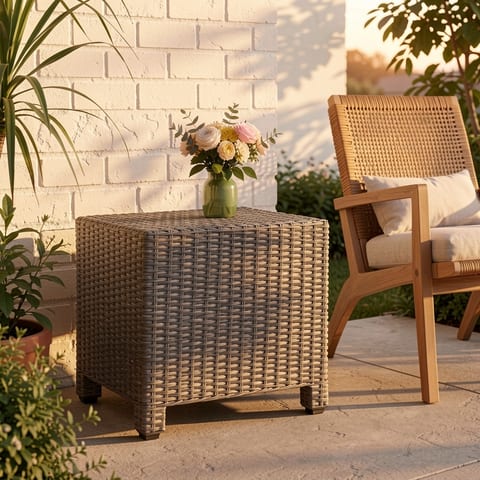 Woven accent table with green vase on top
