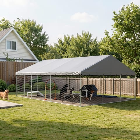 Large dog kennel with waterproof roof and chain link fence in a backyard