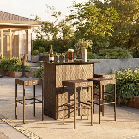 Brown rattan wicker bar set with 2 shelves and 4 bar stools