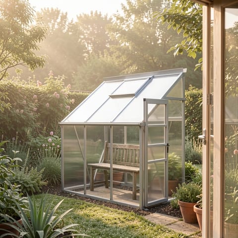 A small, walk-in greenhouse with a polycarbonate roof and aluminum frame, surrounded by lush greenery and vibrant flowers in a backyard garden.