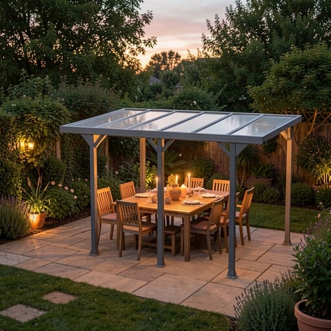 Gray aluminum pergola with transparent polycarbonate roof panels