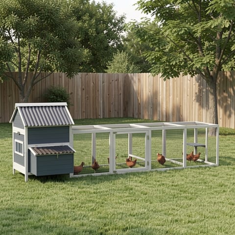 Extra large wooden chicken coop with light gray finish and plastic wave tile roof
