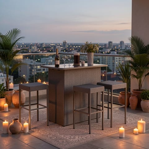 Gray rattan bar set with 4 stools on a patio