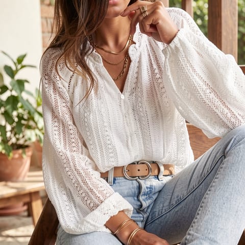 Woman wearing a white lace long sleeve top