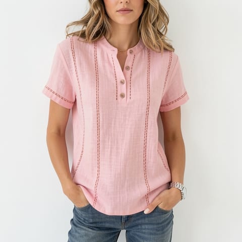 Woman wearing a pink short-sleeve shirt with vertical stitching and buttons