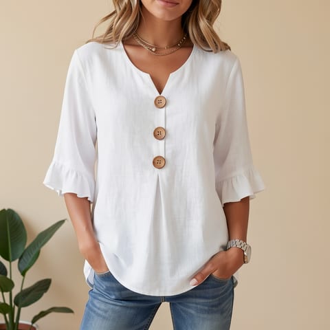 Woman wearing a white, ruffled-sleeve top with wooden buttons