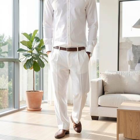 Man wearing white straight-leg pants with hands in pockets