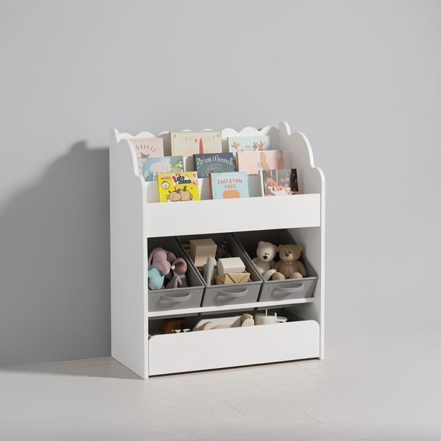 White wooden bookshelf with storage bins and drawer in a nursery