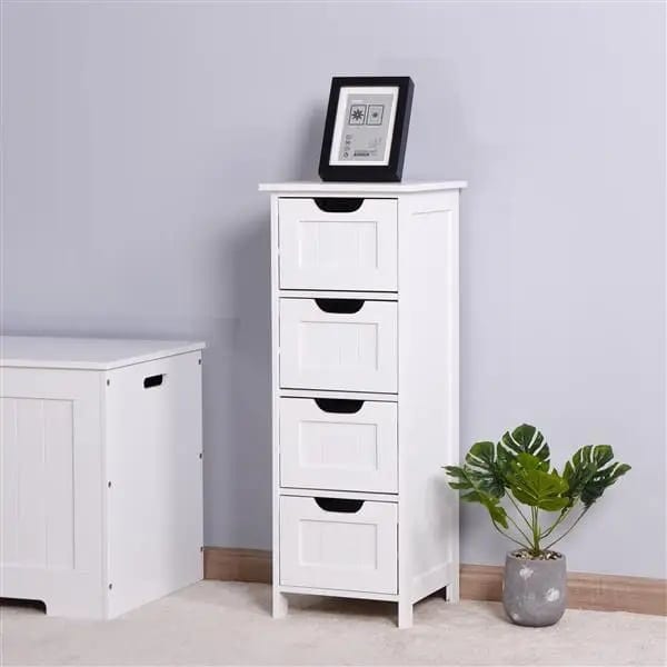 Freestanding White Wood Bathroom Storage Cabinet with Drawers for Apartment Use, product photo