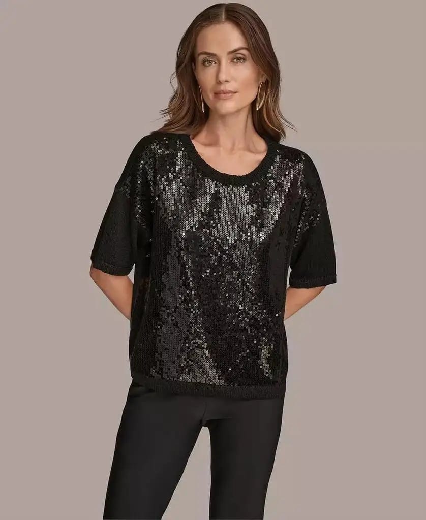 Women's Short Sleeve Sequin Sweater Donna Karan New York, product photo