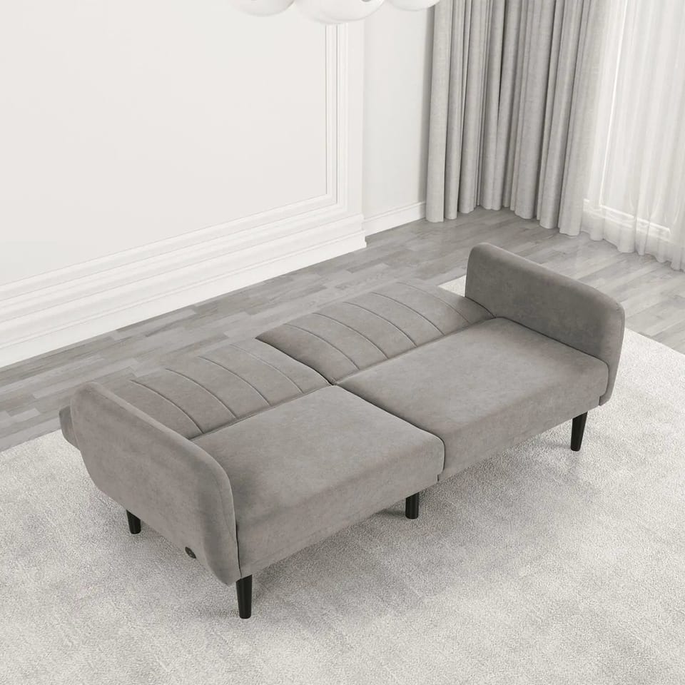 Contemporary Gray 1pc Futon Sofa Soft Track Arm Couch with USB Channeled Tufted, product photo