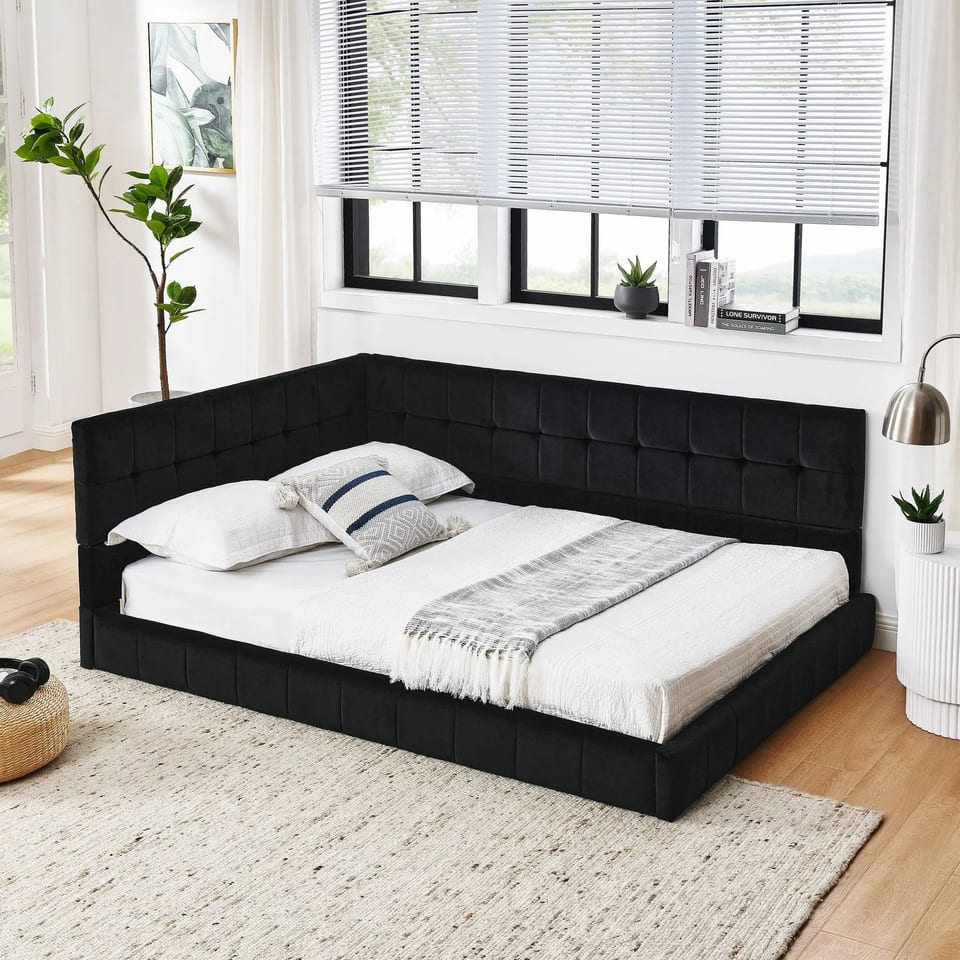 Full Size Tufted Upholstered Bed Frame with Comfortable Backrest Armrests Sofa, product photo